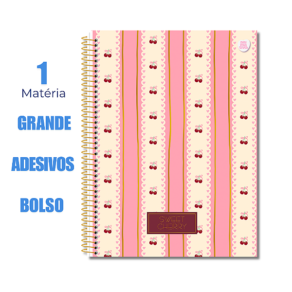Caderno Universitário 1 Matéria 80 Folhas Sweet Cherry Listras Brancas Cereja