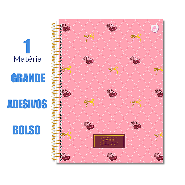 Caderno Universitário 1 Matéria 80 Folhas Sweet Cherry Laço e Cereja Rosa