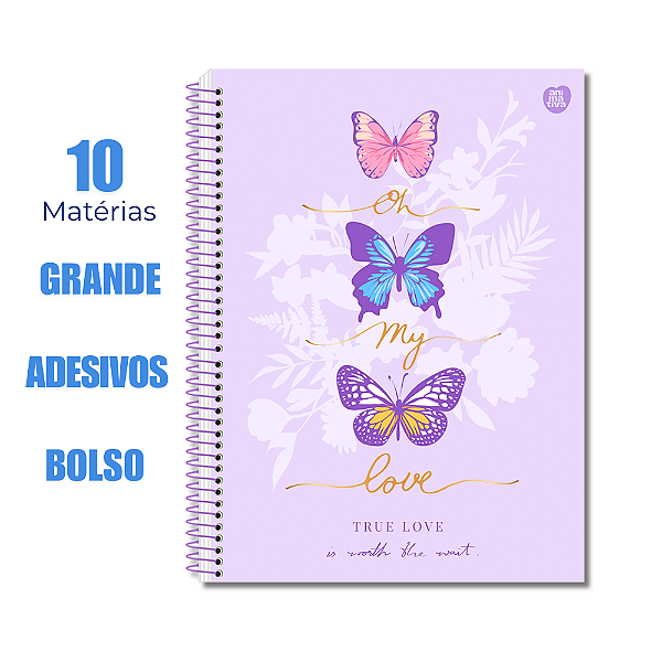 Caderno Universitário 10 Matérias Papilo Borboleta True Love