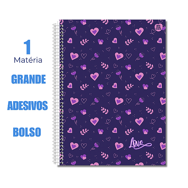 Caderno Universtário 1 Matéria Love Roxo Corações