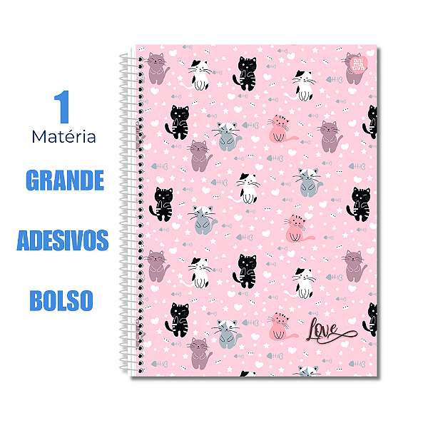 Caderno Universtário 1 Matéria Love Azul Rosa Gato