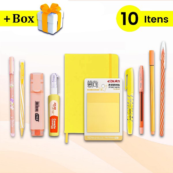 Kit Papelaria Amarelo e Laranja Caderneta Anotações Bloquinho