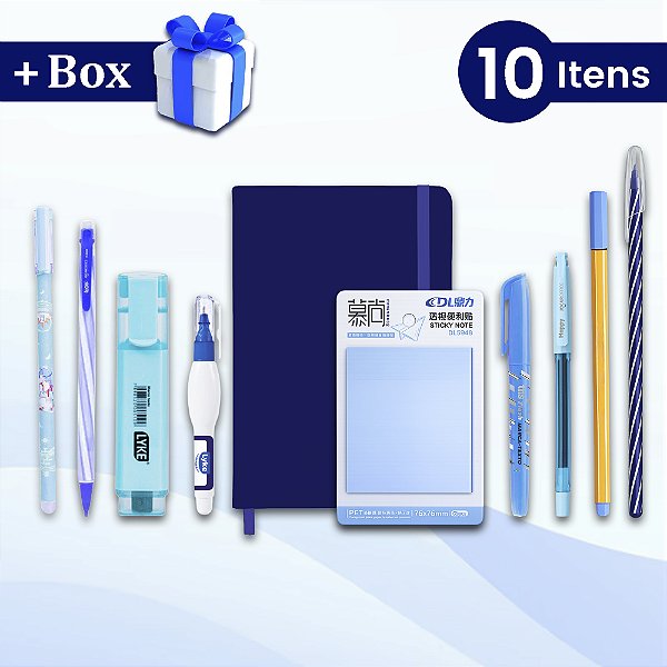 Kit Papelaria Azul Caderneta Anotações Bloquinho
