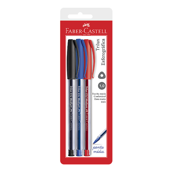 Conjunto 3 Canetas Faber-Castell Azul Preto Vermelho 1.0 mm