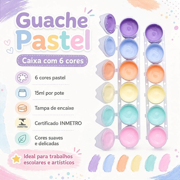 Tinta Guache Pastel Cores Claras 6 Potes 90ML