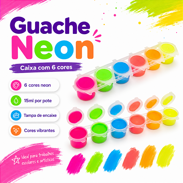 Tinta Guache Neon Cores Vivas 6 Potes 90ML
