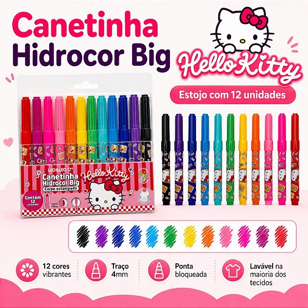 Canetinha Hidrocor Hello Kitty Menor 12 Unidades Coloridas Menina