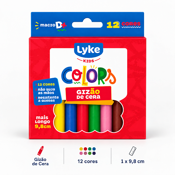 Giz de Cera 12 Cores 1x10 Cm Escolar Infantil Lyke