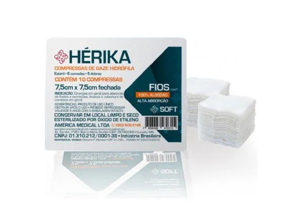 Compressa de Gaze Estéril 7,5cm x 7,5cm 11 Fios C/10 Un - Hérika