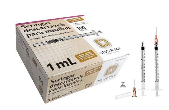Seringa de Insulina 1ML C/ Agulha Móvel 13mm x 4,5mm Bico Slip C/ 100 Unidades - Descarpack