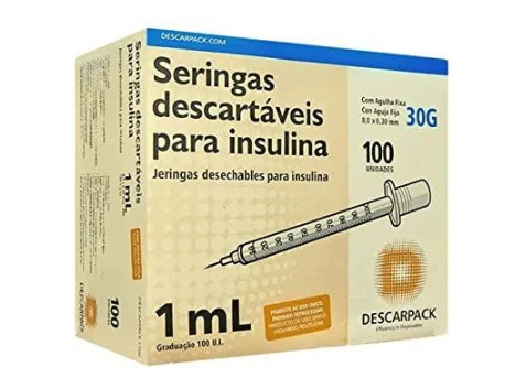 Seringa de Insulina 1ML C/ Agulha Fixa 8,0mm x 3,0mm Bico Slip C/ 100 Unidades - Descarpack