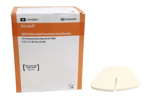 Coberturas de Espuma Antimicrobiana AMD Kendall Fenestrado (8,9 cm x 7,6 cm) Ref: 55535AMDX - Covidien