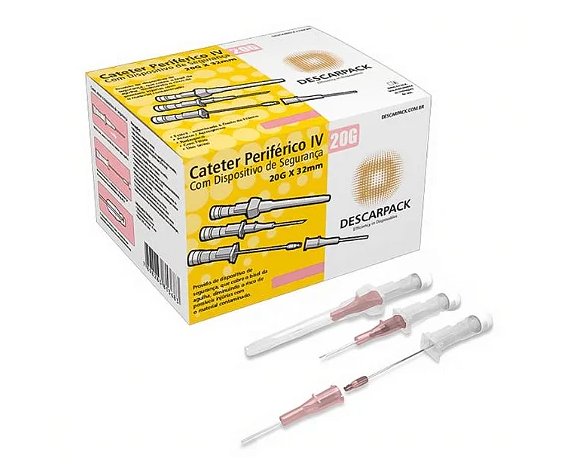 Cateter Periférico Intravenoso com Dispositivo de Segurança 20G Rosa C/ 100 Unidades - Descarpack