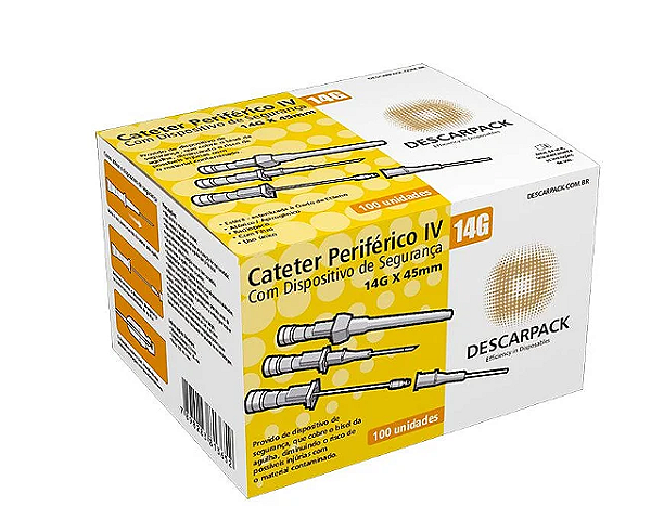 Cateter Periférico Intravenoso com Dispositivo de Segurança 14G Laranja C/ 100 Unidades - Descarpack