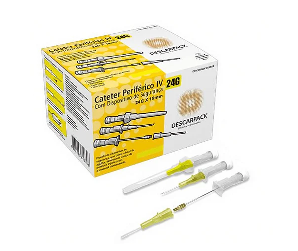 Cateter Periférico Intravenoso com Dispositivo de Segurança 24G Amarelo C/ 100 Unidades - Descarpack