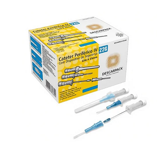 Cateter Periférico Intravenoso com Dispositivo de Segurança 22G Azul C/ 100 Unidades - Descarpack