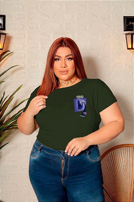 T-SHIRT PLUS SIZE TÉDIO DIVERTIDAMENTE DTF VERDE MILITAR XG