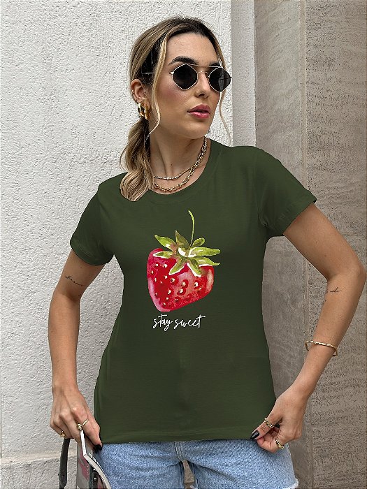 T-SHIRT MORANGO STAY SWEET DTF VERDE MILITAR