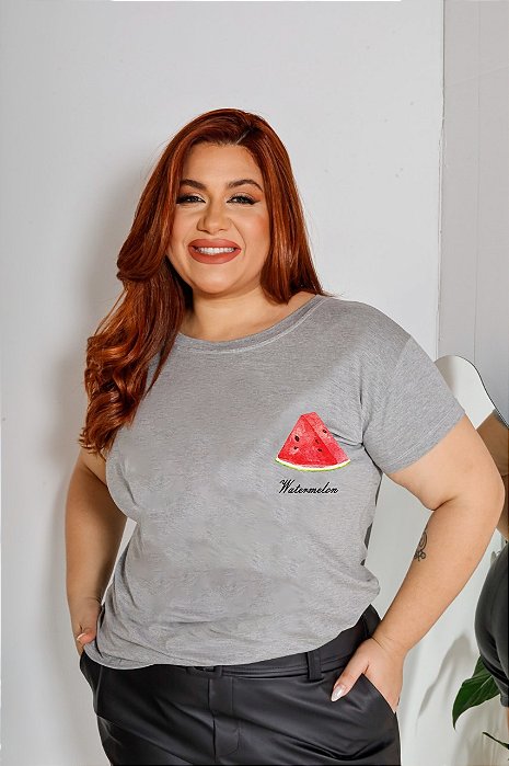 T-SHIRT PLUS SIZE MELANCIA DTF CINZA XG