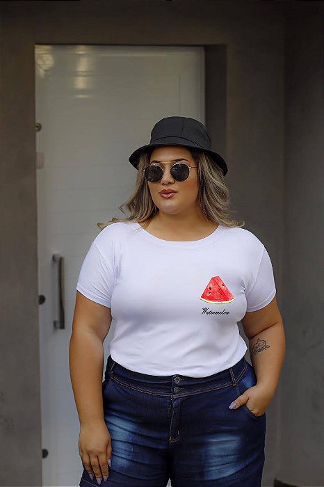 T-SHIRT PLUS SIZE MELANCIA DTF BRANCO XG