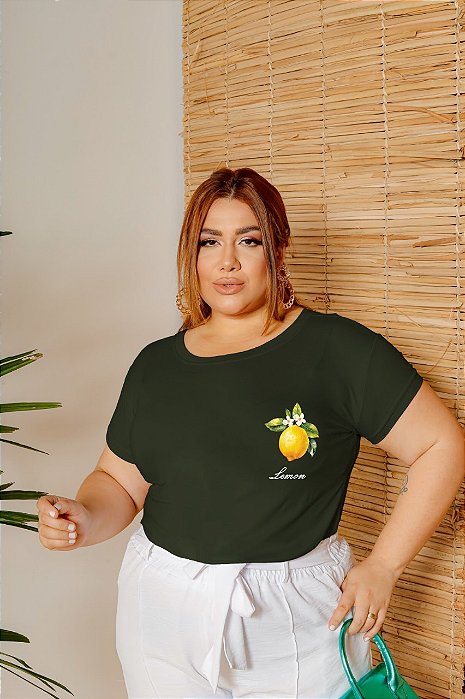 T-SHIRT PLUS SIZE LIMÃO DTF VERDE MILITAR XG