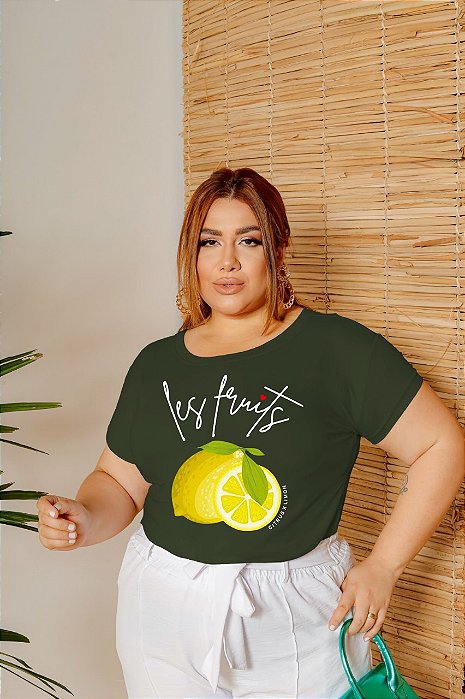 T-SHIRT PLUS SIZE LES FRUITS LEMON DTF VERDE MILITAR XG