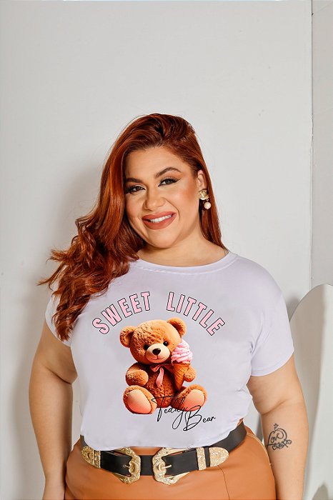 T-SHIRT PLUS SIZE URSINHO SWEET DTF BRANCO XG