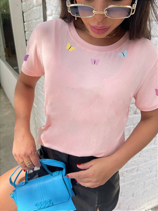 T-SHIRT BORBOLETAS COLORIDAS DTF ROSA BEBÊ