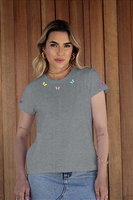 T-SHIRT BORBOLETAS COLORIDAS DTF CINZA