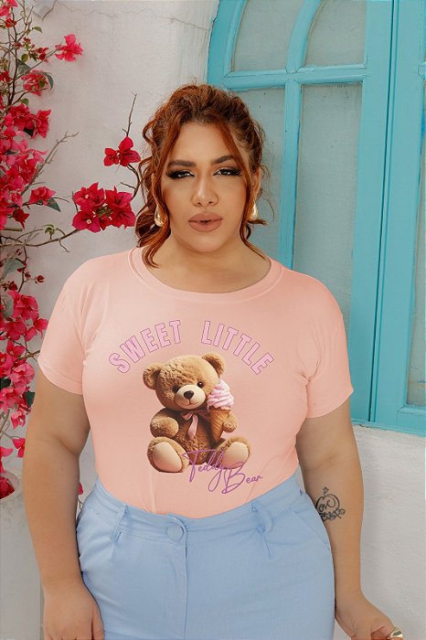 T-SHIRT PLUS SIZE URSINHO SWEET DTF ROSA BEBÊ XG