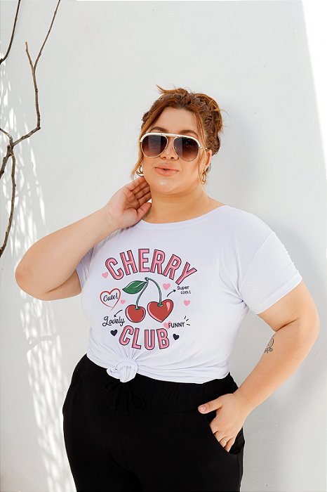 T-SHIRT PLUS SIZE CHERRY CLUB DTF BRANCO XG