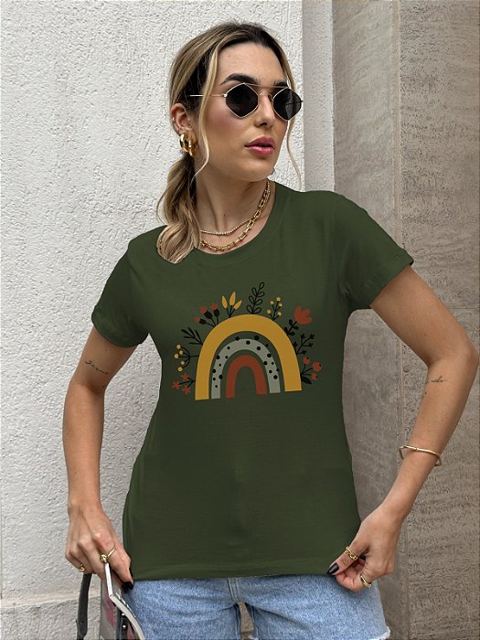 T-SHIRT ARCO-IRIS BOHO DTF VERDE MILITAR