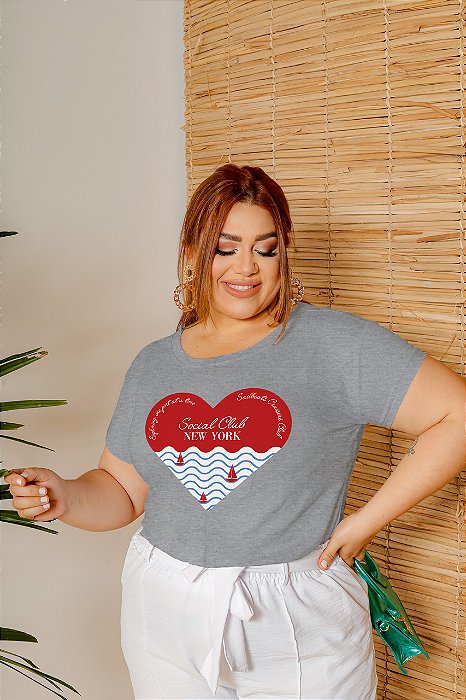 T-SHIRT PLUS SIZE ONDAS CORAÇÃO NEW YORK DTF CINZA XG