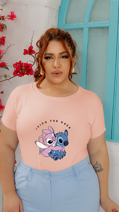 T-SHIRT PLUS SIZE STITCH E ANGEL DTF ROSA BEBÊ XG