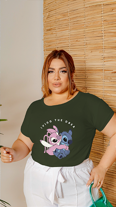 T-SHIRT PLUS SIZE STITCH E ANGEL DTF VERDE MILITAR XG