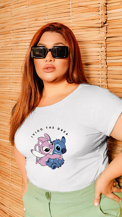 T-SHIRT PLUS SIZE STITCH E ANGEL DTF BRANCO XG