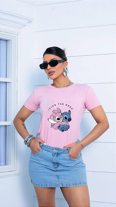 T-SHIRT STITCH E ANGEL DTF ROSA BEBÊ