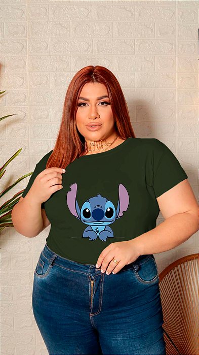 T-SHIRT PLUS SIZE STITCH DTF VERDE MILITAR XG