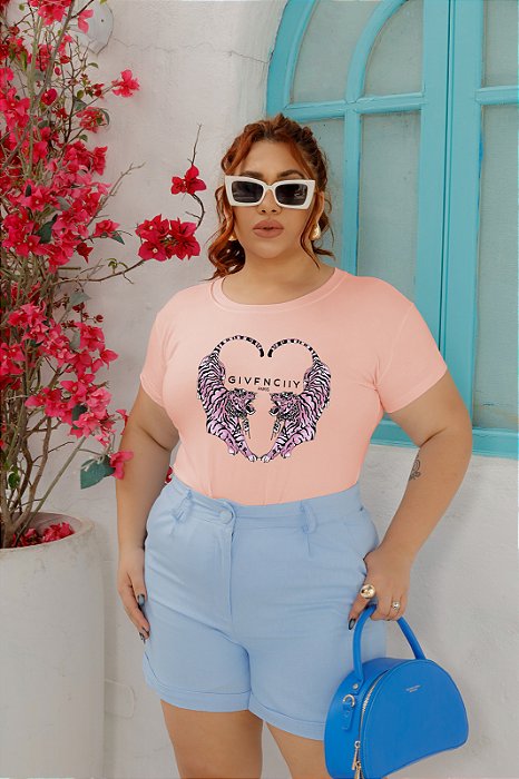 T-SHIRT PLUS SIZE TIGRES CORAÇÃO DTF ROSA BEBÊ XG