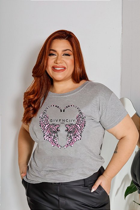 T-SHIRT PLUS SIZE TIGRES CORAÇÃO DTF CINZA XG