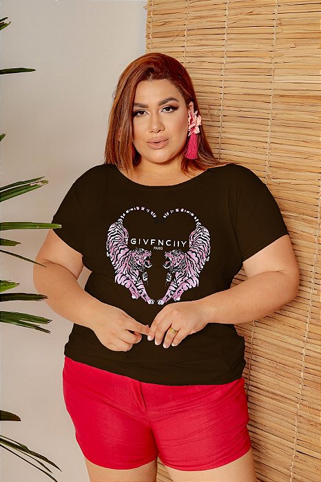 T-SHIRT PLUS SIZE TIGRES CORAÇÃO DTF CHOCOLATE XG