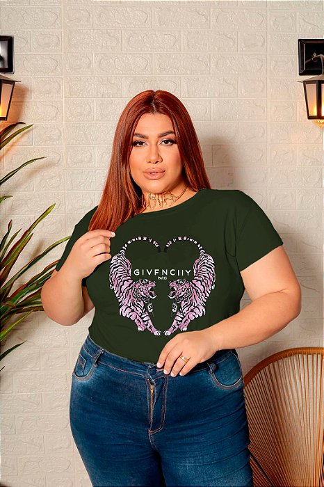 T-SHIRT PLUS SIZE TIGRES CORAÇÃO DTF VERDE MILITAR XG