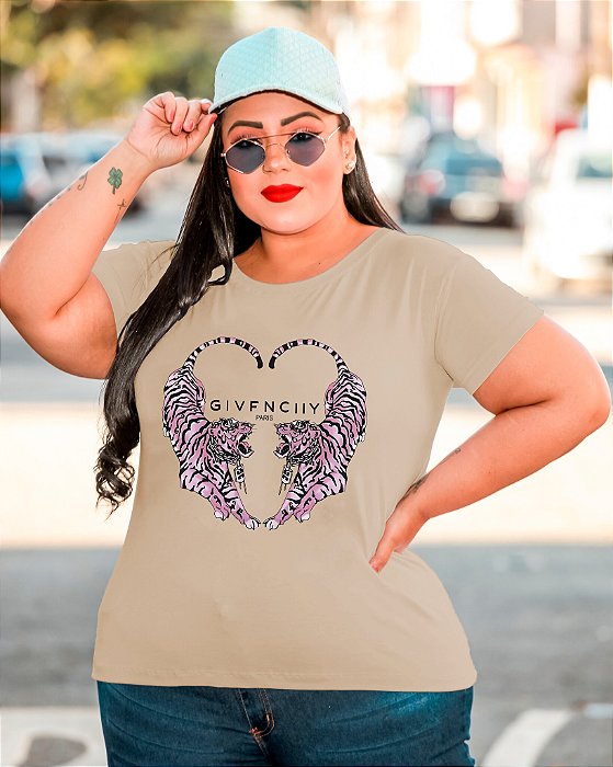 T-SHIRT PLUS SIZE TIGRES CORAÇÃO DTF BEGE XG
