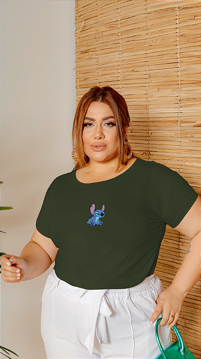 T-SHIRT PLUS SIZE STITCH BRAVO DTF VERDE MILITAR XG
