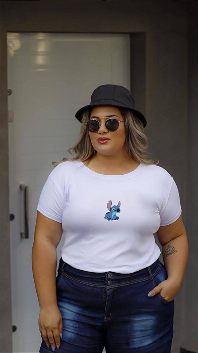 T-SHIRT PLUS SIZE STITCH BRAVO DTF BRANCO XG