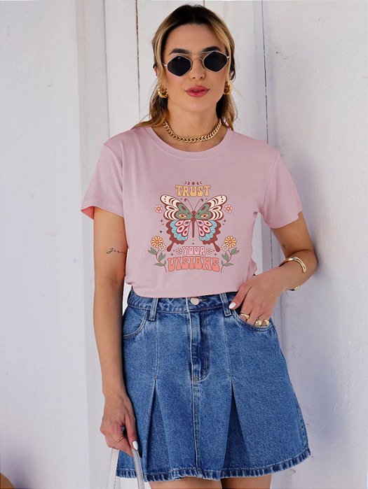 T-SHIRT TRUST VISION BORBOLETA DTF ROSA BEBÊ