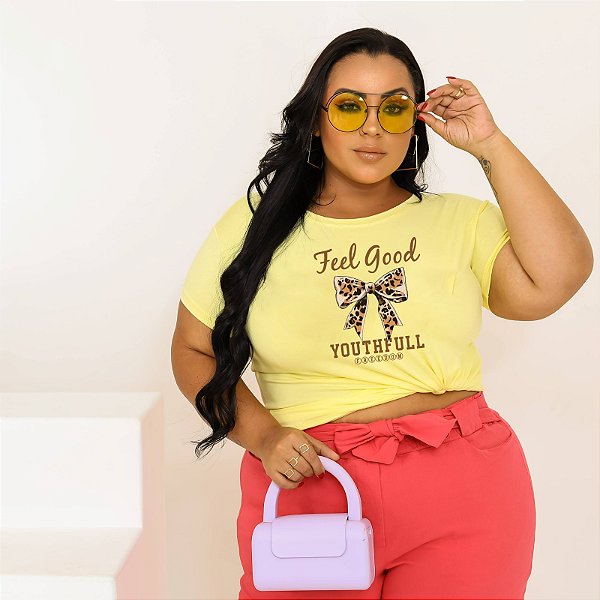 T-SHIRT PLUS SIZE LAÇO FEEL ANIMAL PRINT DTF AMARELO BEBÊ XG