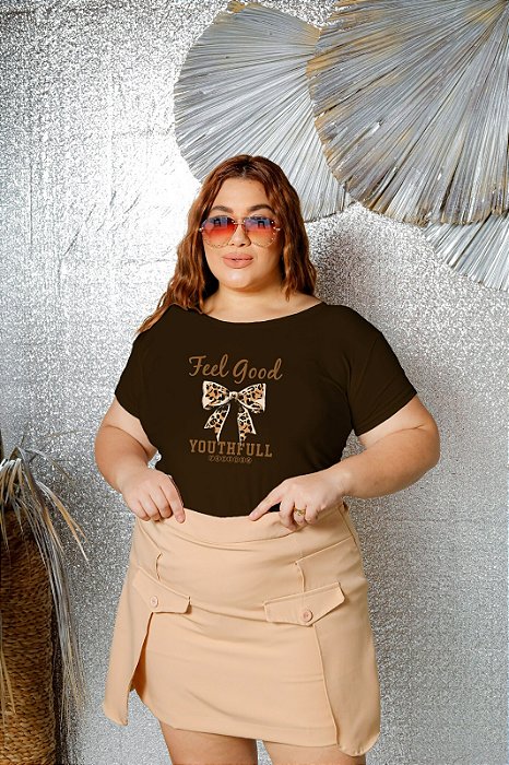 T-SHIRT PLUS SIZE LAÇO FEEL ANIMAL PRINT DTF CHOCOLATE XG
