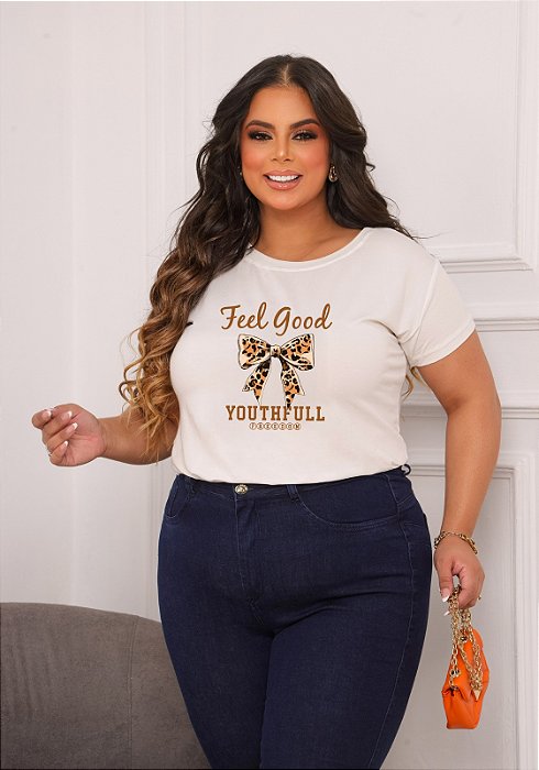 T-SHIRT PLUS SIZE LAÇO FEEL ANIMAL PRINT DTF OFF WHITE XG