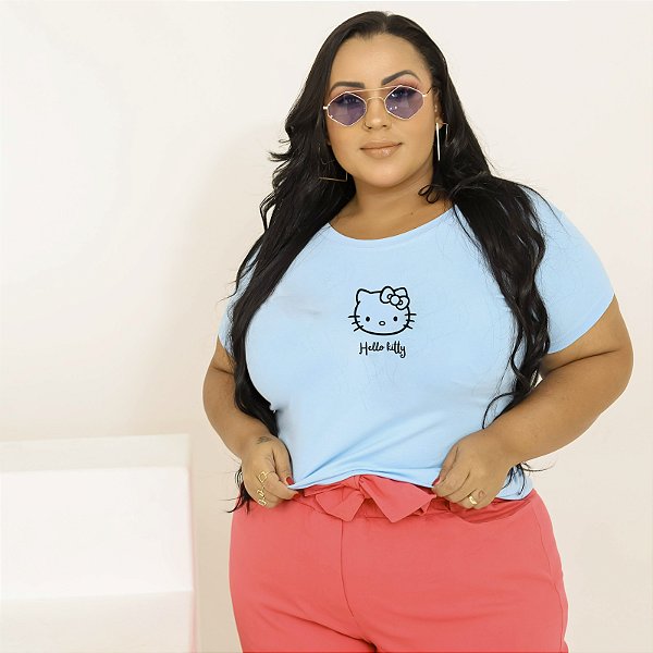 T-SHIRT PLUS SIZE HELLO KITTY DTF AZUL BEBÊ XG